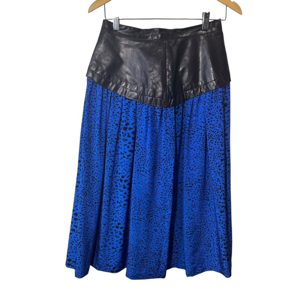 Vintage 80's Blue Silk Midi Skirt Leather Waist Size 10 - Picture 2 of 10